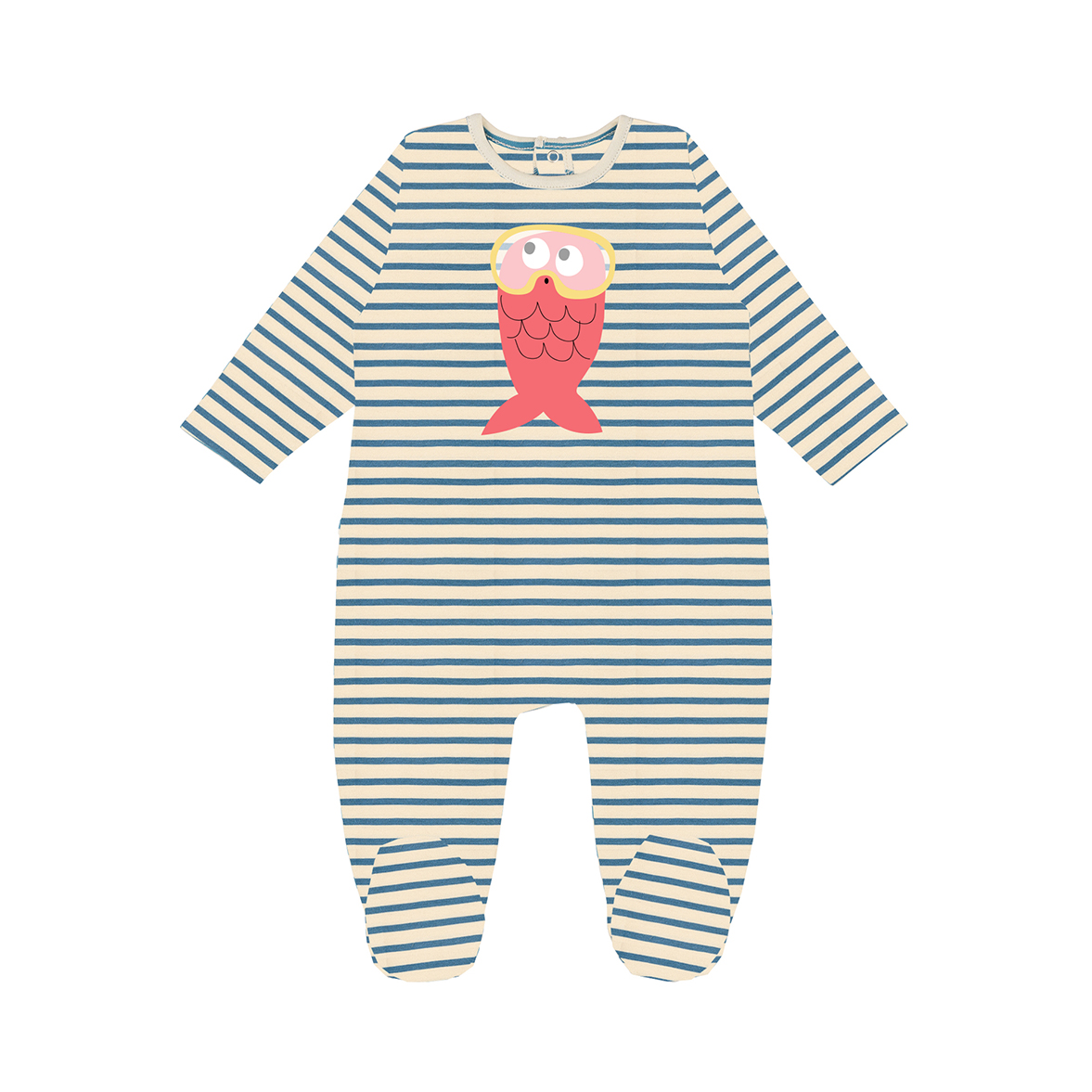 Pyjama bébé une pièce à fines rayures avec un poisson rose sérigrpahié devant
